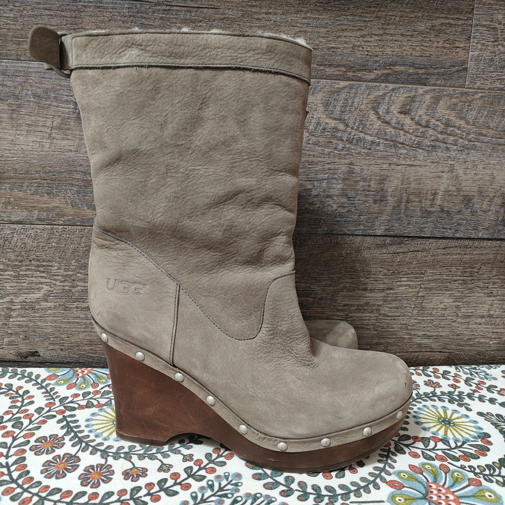 UGG Women's Coffee Brown Leather Wedge Clog Boots w Shearling
